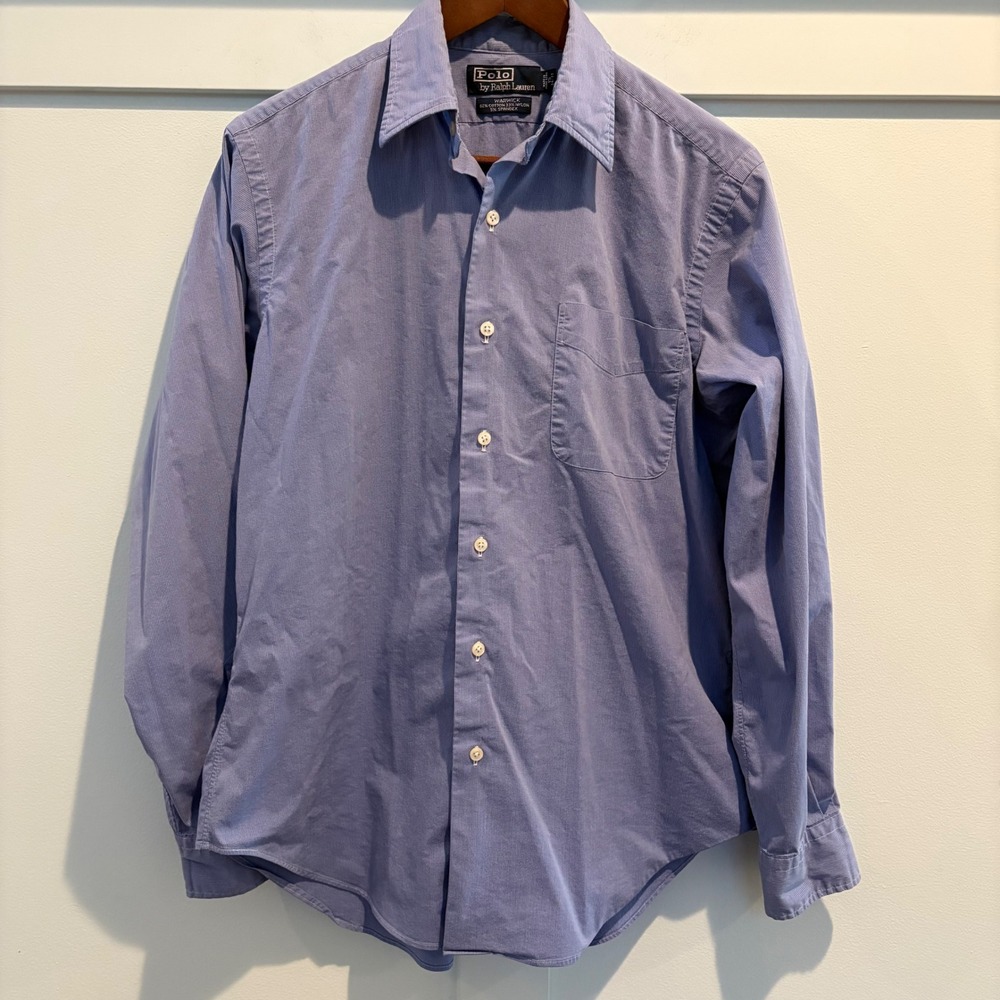 Vintage Polo Ralph Lauren Warwick Men's 15 34/35‎ Blue Dress Shirt Micro Check